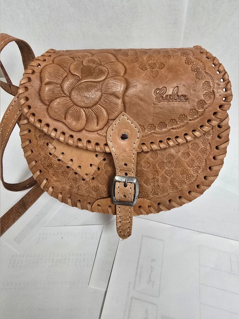 Vintage Mexican Buba Tooled Leather Crossbody Saddle Bag Floral Bohemian Brown